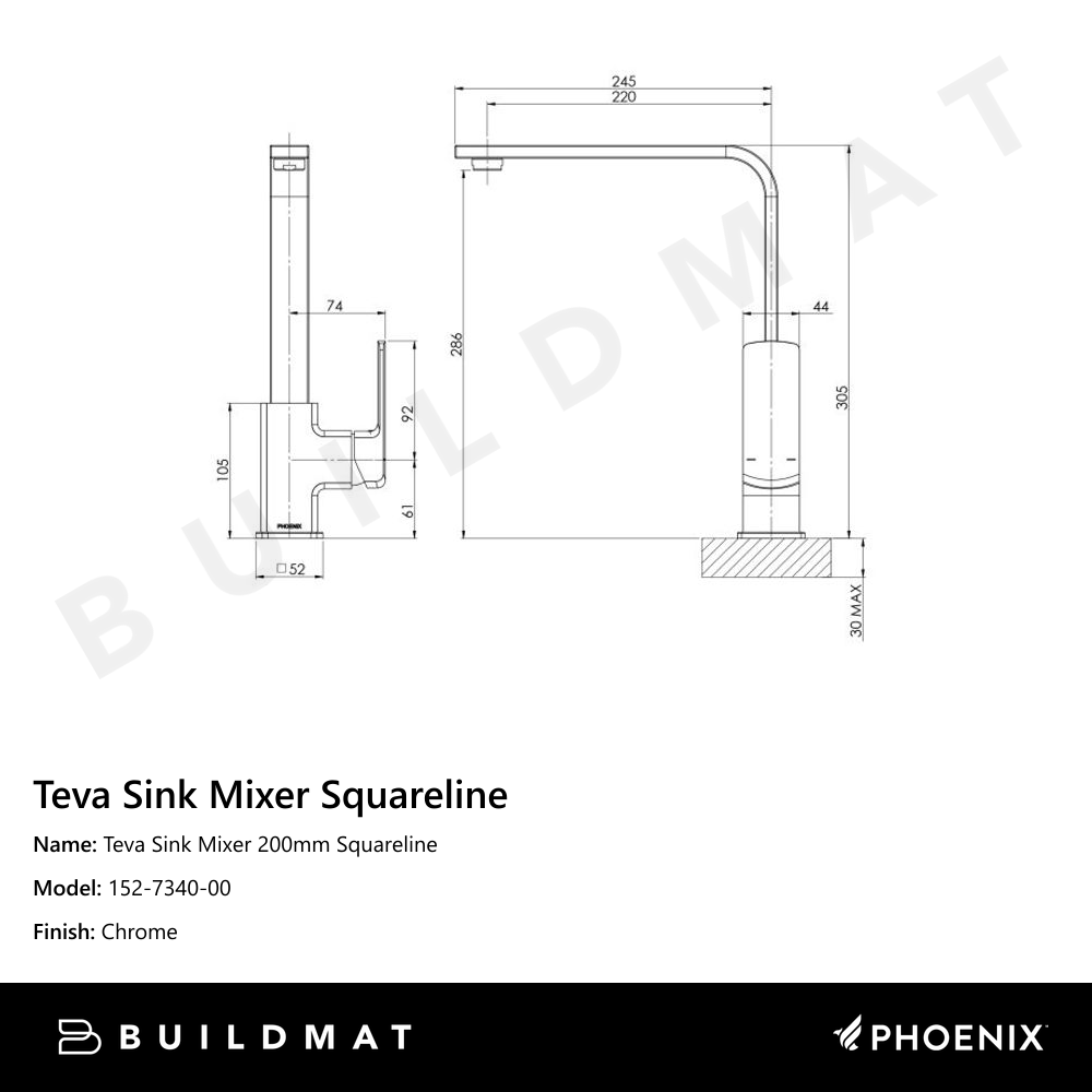 Teva Sink Mixer 200mm Squareline Chrome