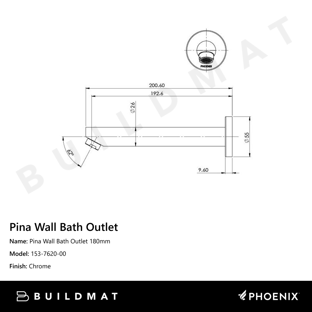 Pina Wall Bath / Basin Outlet 180mm Chrome
