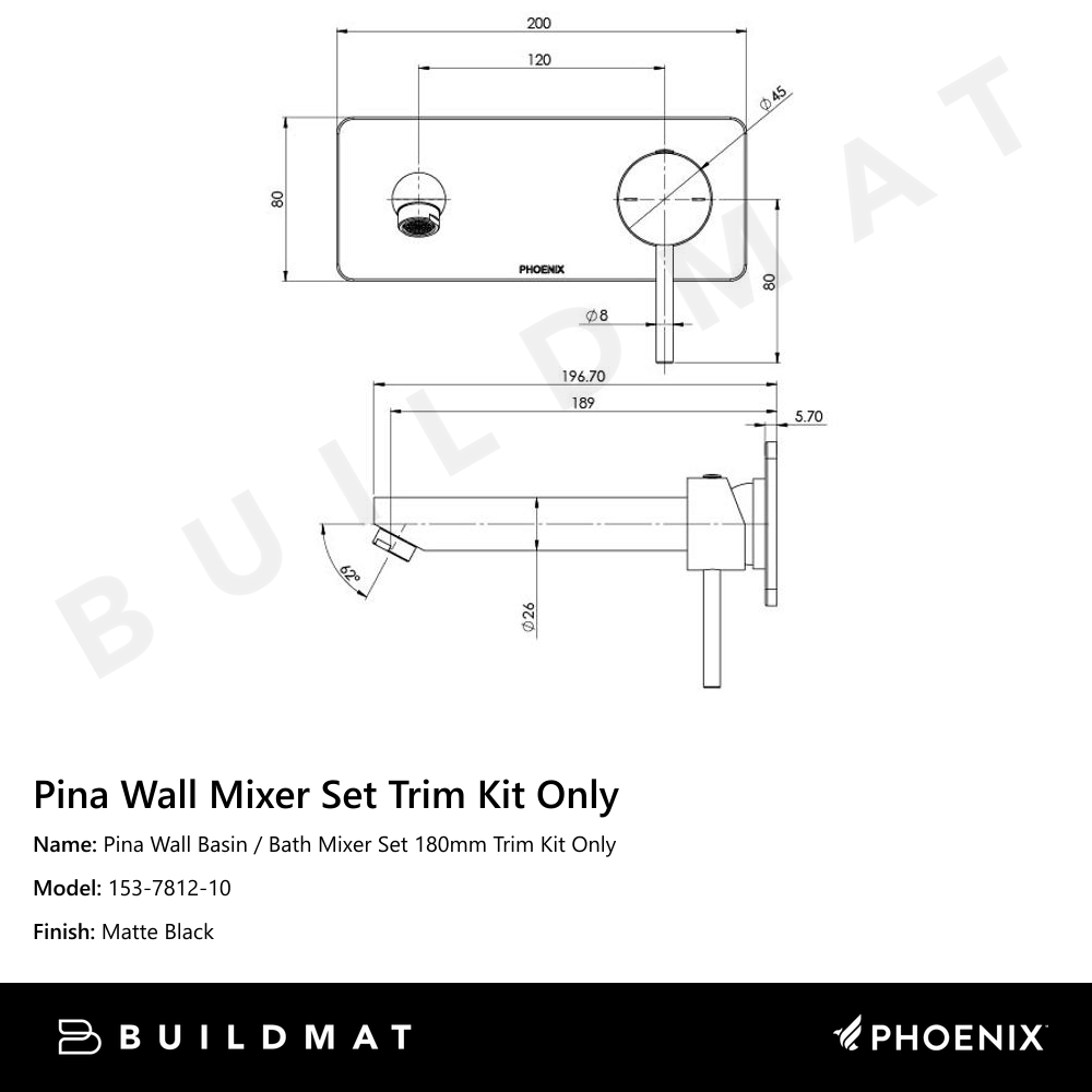 Pina Wall Basin / Bath Mixer Set 180mm Trim Kit Only Matte Black