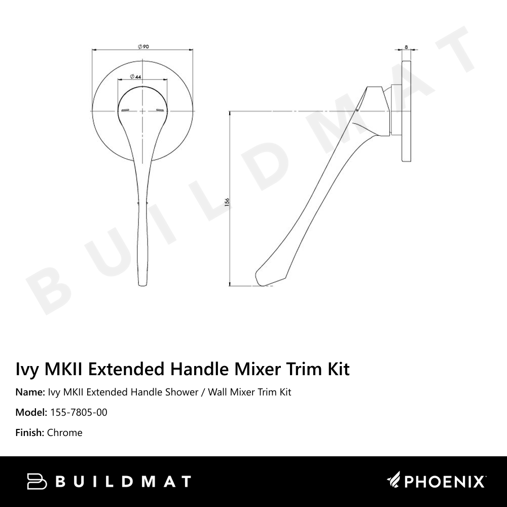 Ivy MKII Extended Handle Shower / Wall Mixer Trim Kit  Chrome