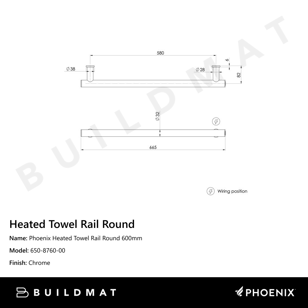 Phoenix Heated Towel Rail Round 600mm Chrome