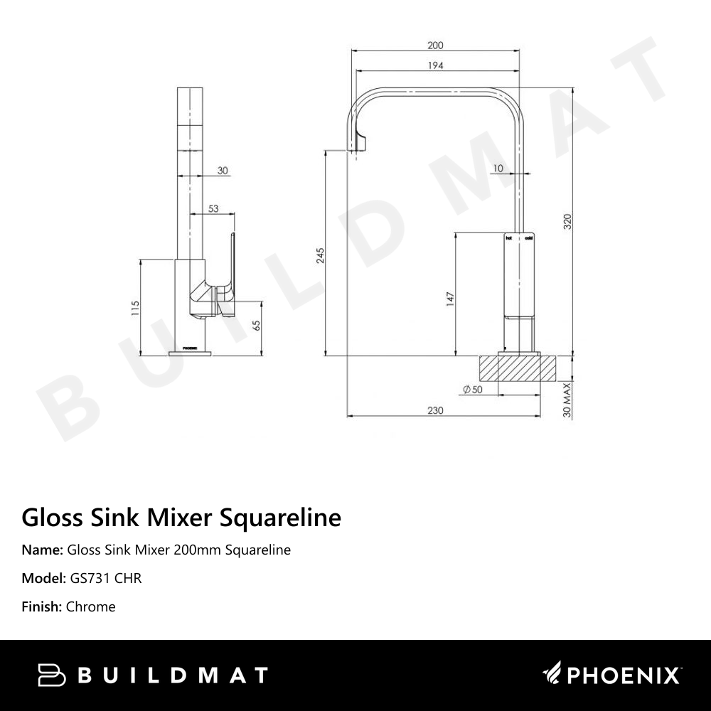 Gloss Sink Mixer 200mm Squareline Chrome