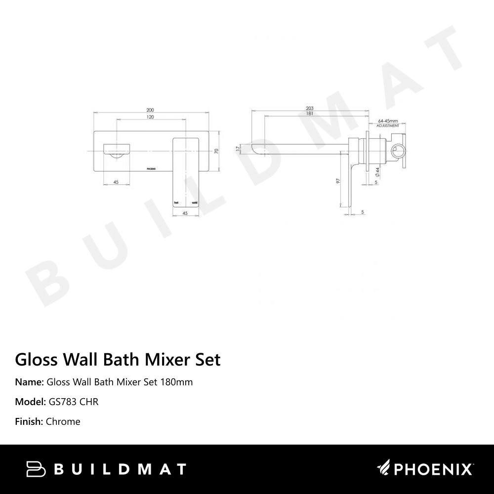 Gloss Wall Bath Mixer Set 180mm Chrome