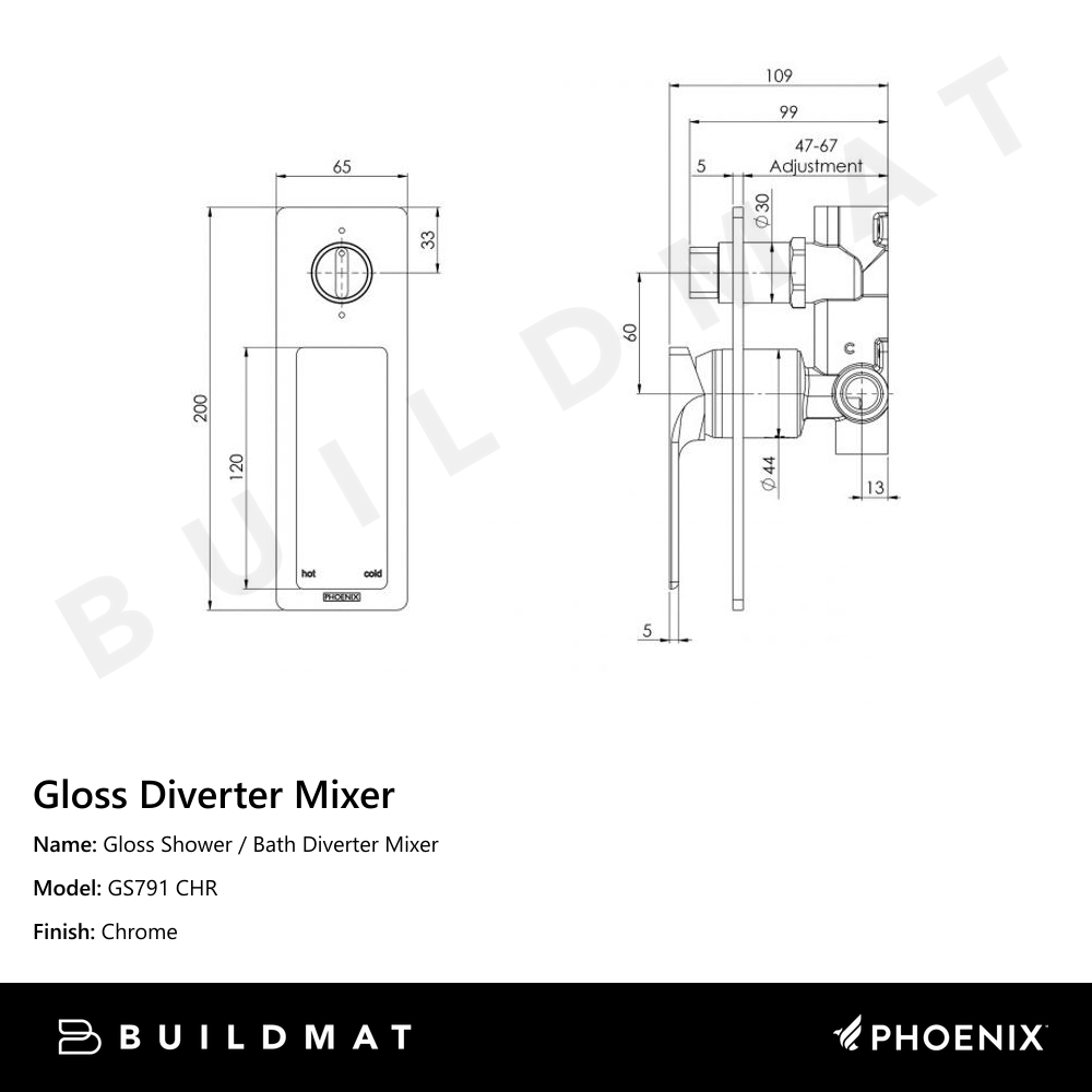 Gloss Shower / Bath Diverter Mixer Chrome
