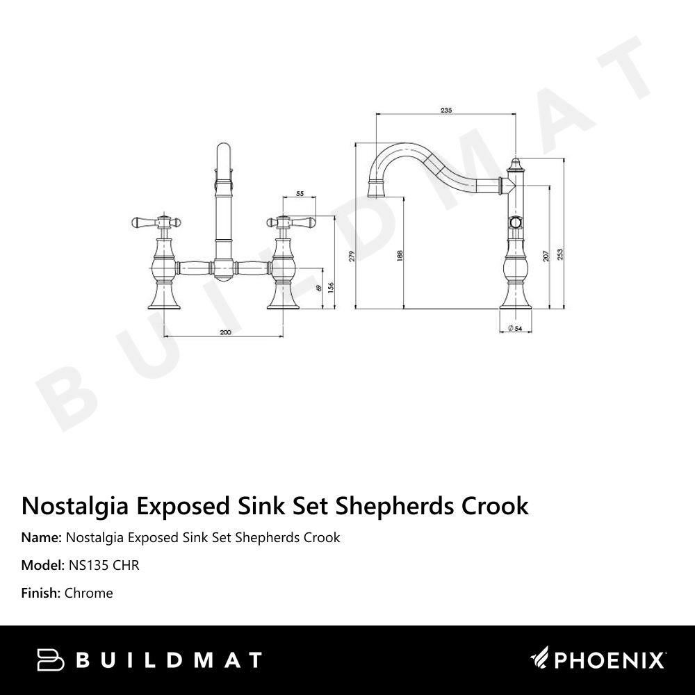 Nostalgia Exposed Sink Set 230mm Shepherds Crook Chrome