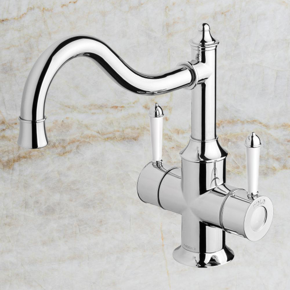 Nostalgia Twin Handle Sink Mixer 230mm Shepherds Crook Chrome White