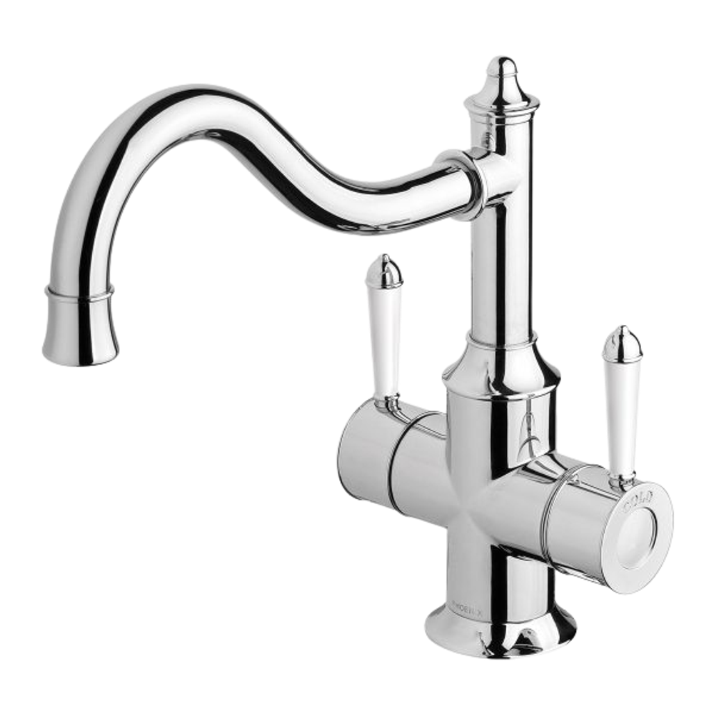 Nostalgia Twin Handle Sink Mixer 230mm Shepherds Crook Chrome White