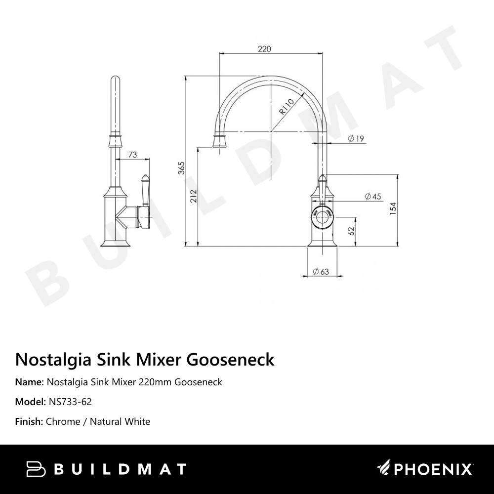 Nostalgia Sink Mixer 220mm Gooseneck  Chrome White