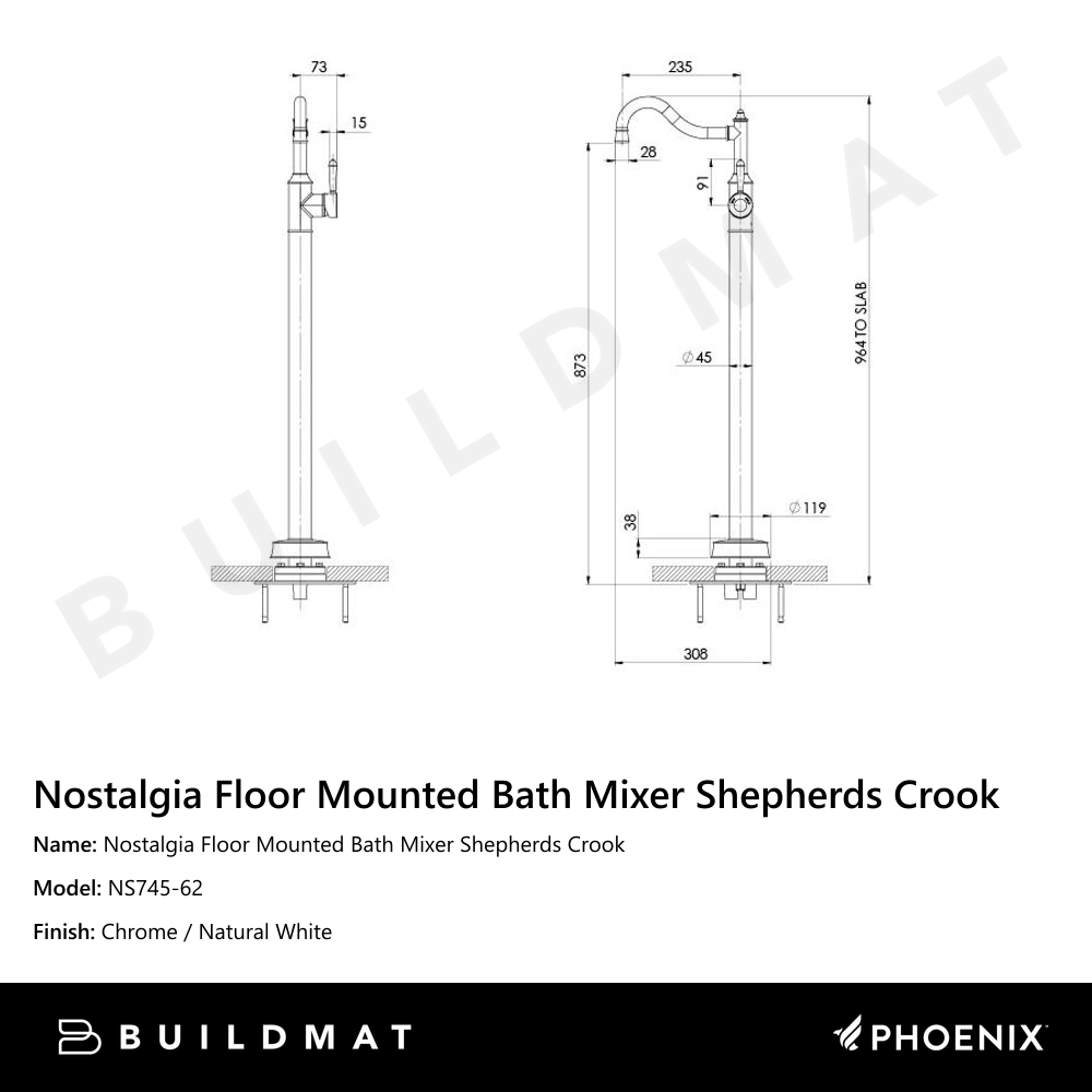 Nostalgia Floor Mounted Bath Mixer Shepherds Crook Chrome White
