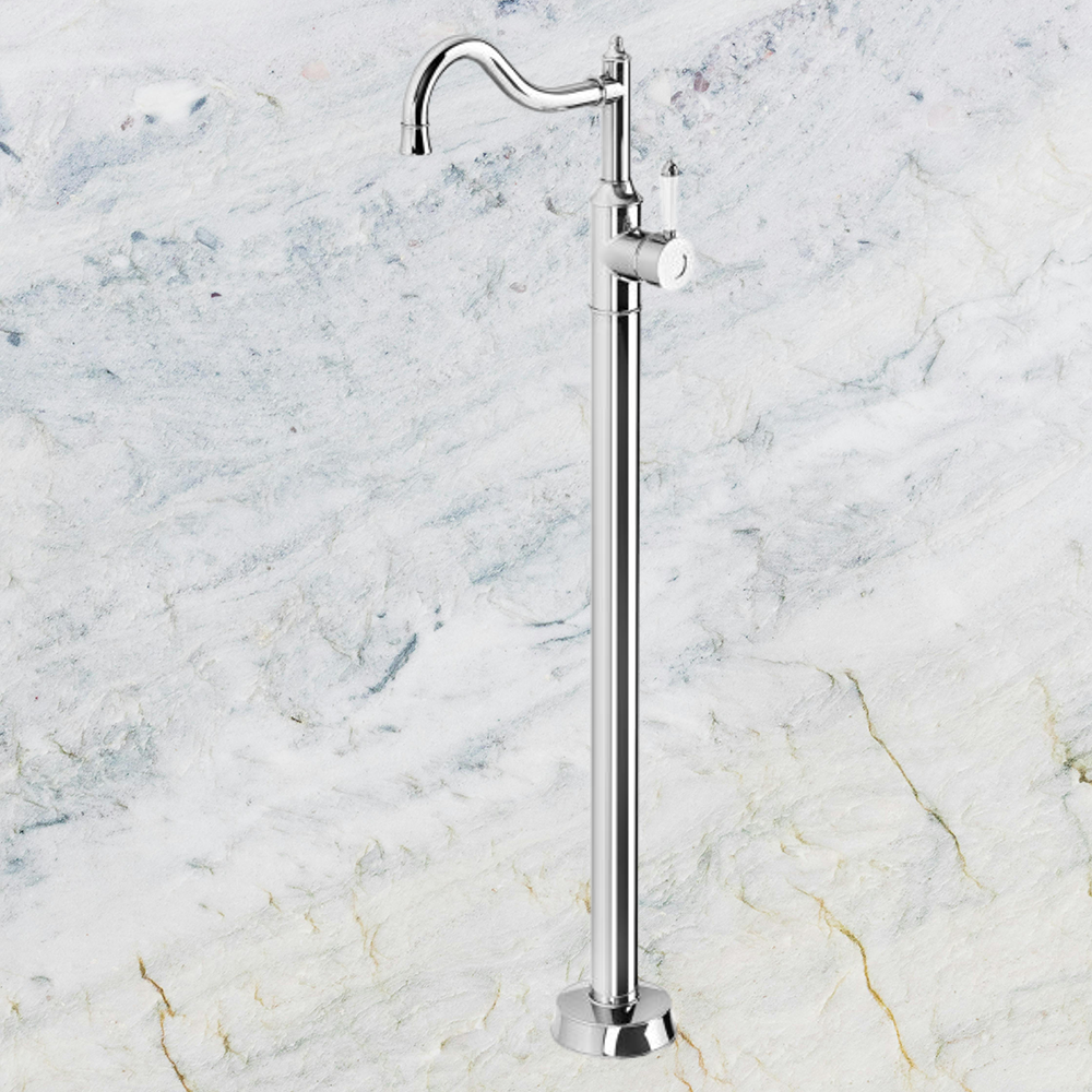 Nostalgia Floor Mounted Bath Mixer Shepherds Crook Chrome White