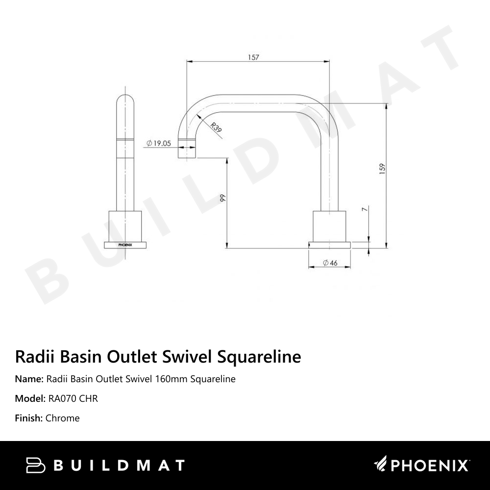 Radii Basin Outlet Swivel 160mm Squareline Chrome