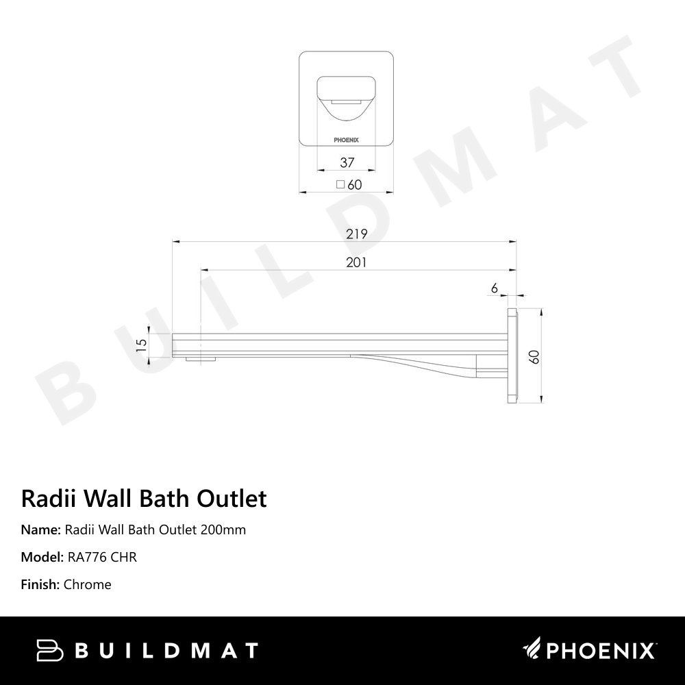 Radii Wall Bath Outlet 200mm Chrome