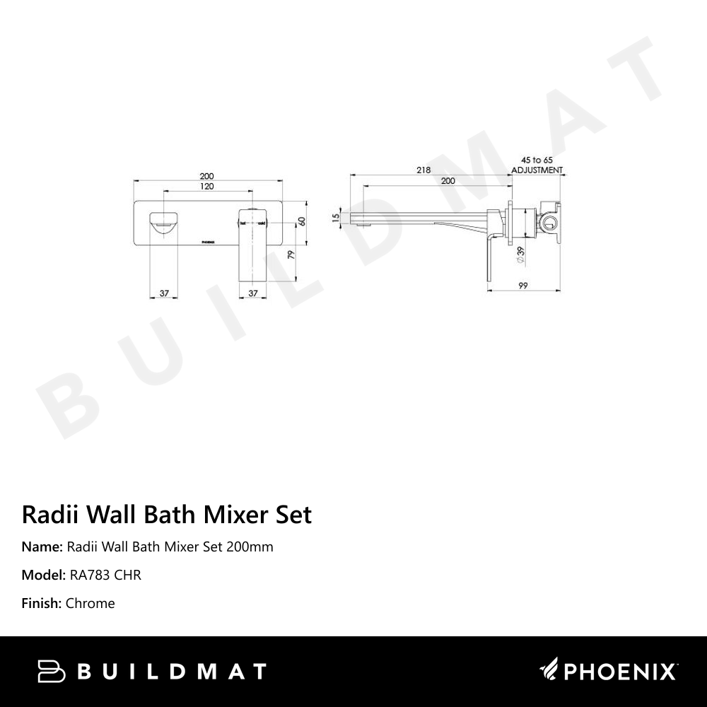 Radii Wall Bath Mixer Set 200mm Chrome