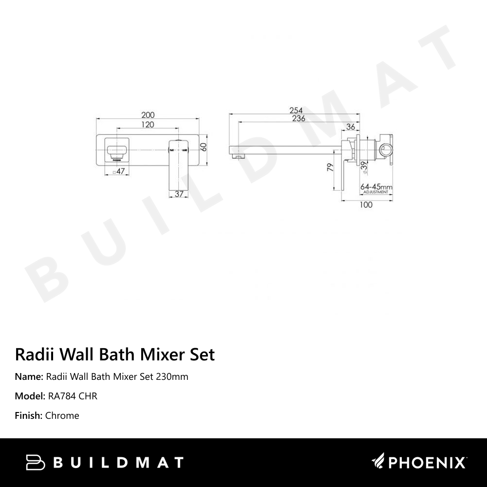 Radii Wall Bath Mixer Set 230mm Chrome
