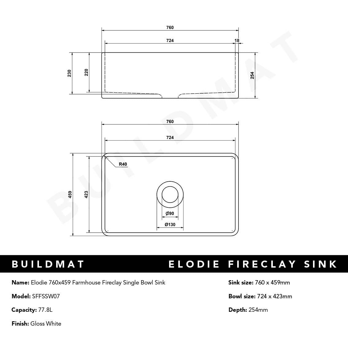 Elodie 760x459 Gloss White Farmhouse Fireclay Single Bowl Sink