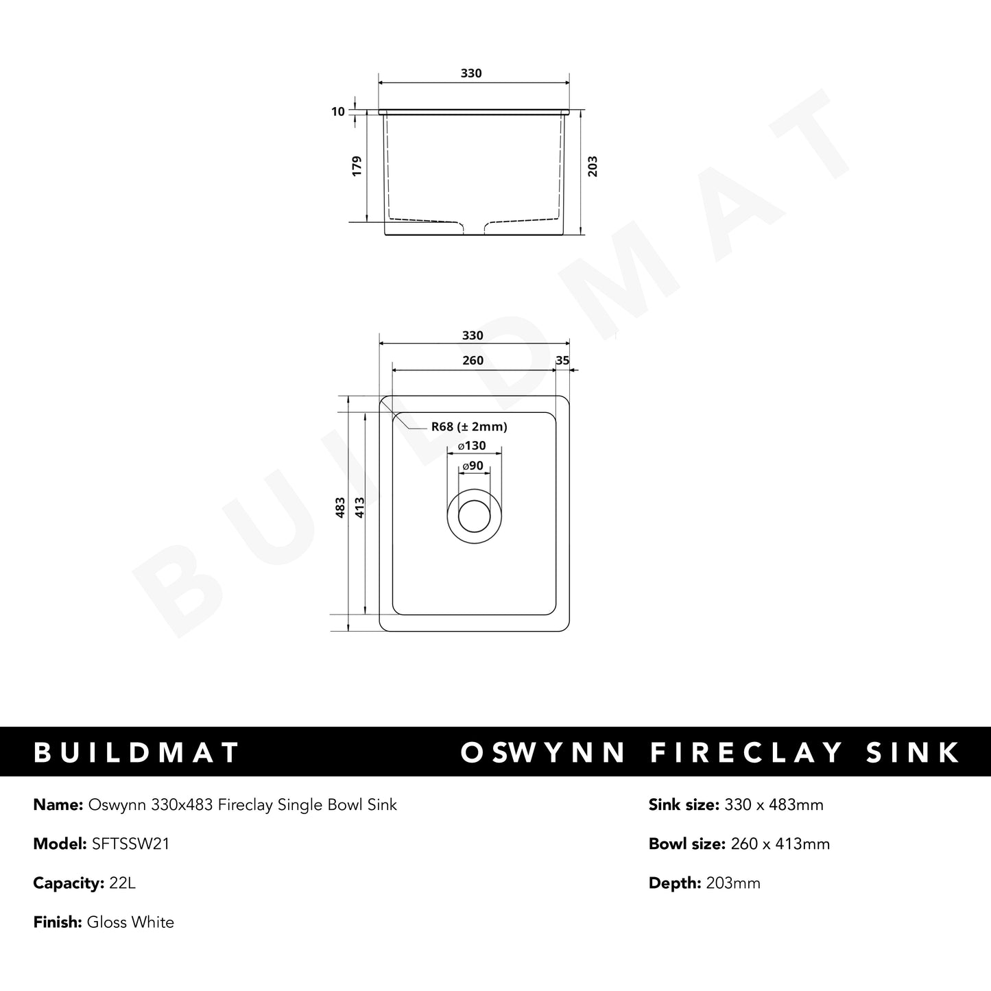 Oswynn 330x483 Gloss White Fireclay Single Bowl Sink