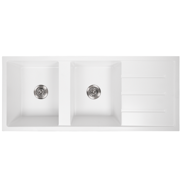 Darlene 1200x500 White Granite Drainboard Double Bowl Sink