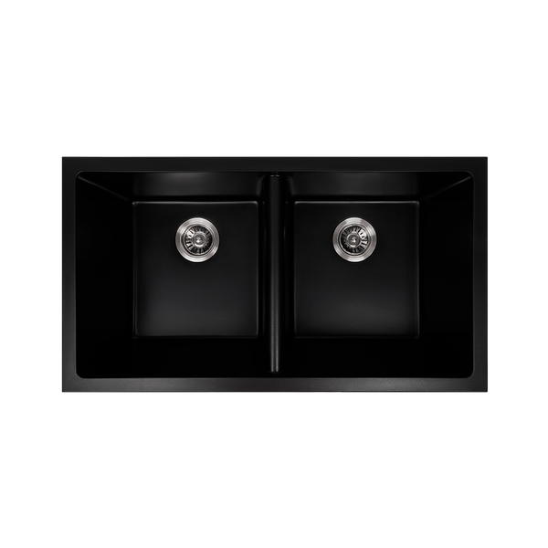 Keith 848x467 Black Granite Square Double Bowl Sink