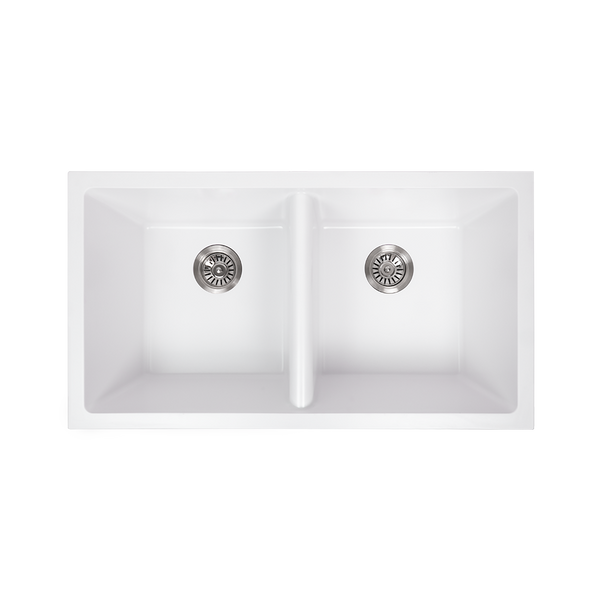 Keith 848x467 White Granite Square Double Bowl Sink