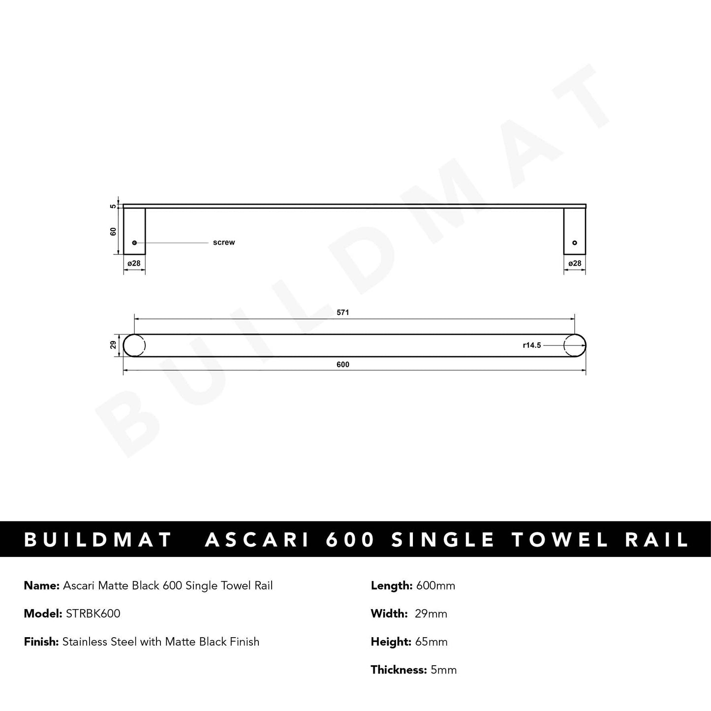 Ascari Matte Black 600 Single Towel Rail