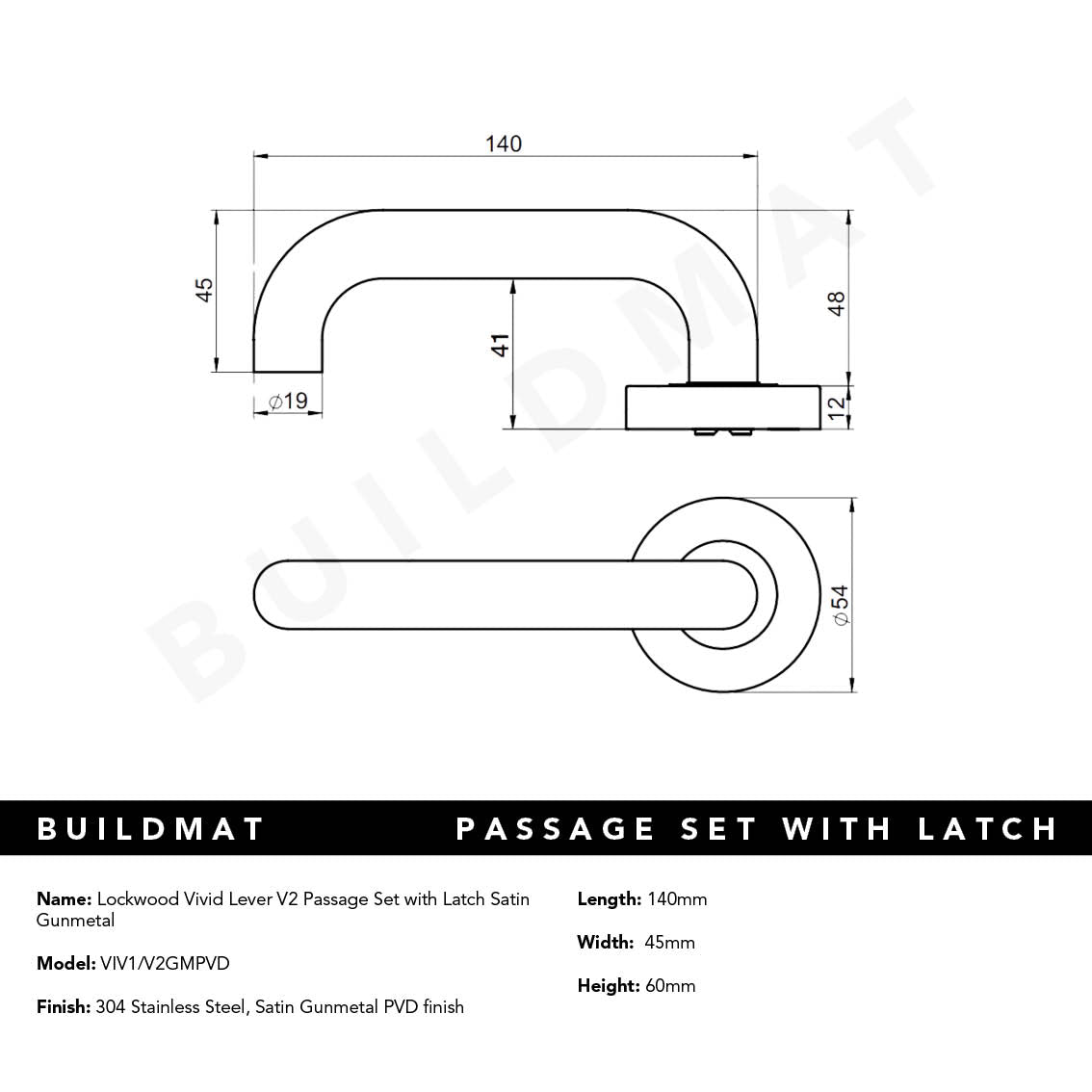 Lockwood Vivid Lever V2 Passage Set with Latch Satin Gunmetal