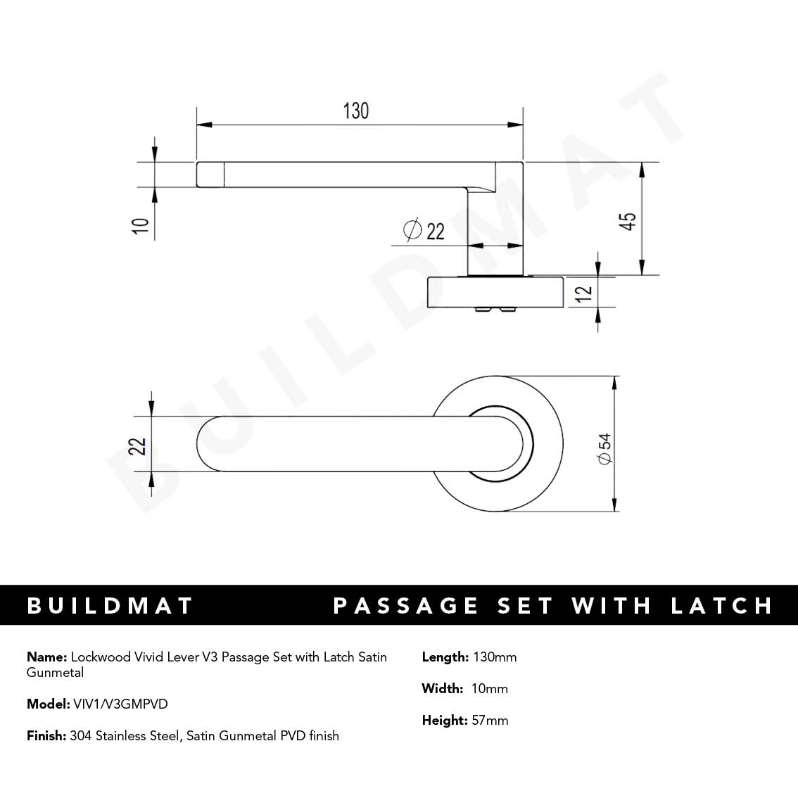 Lockwood Vivid Lever V3 Passage Set with Latch Satin Gunmetal