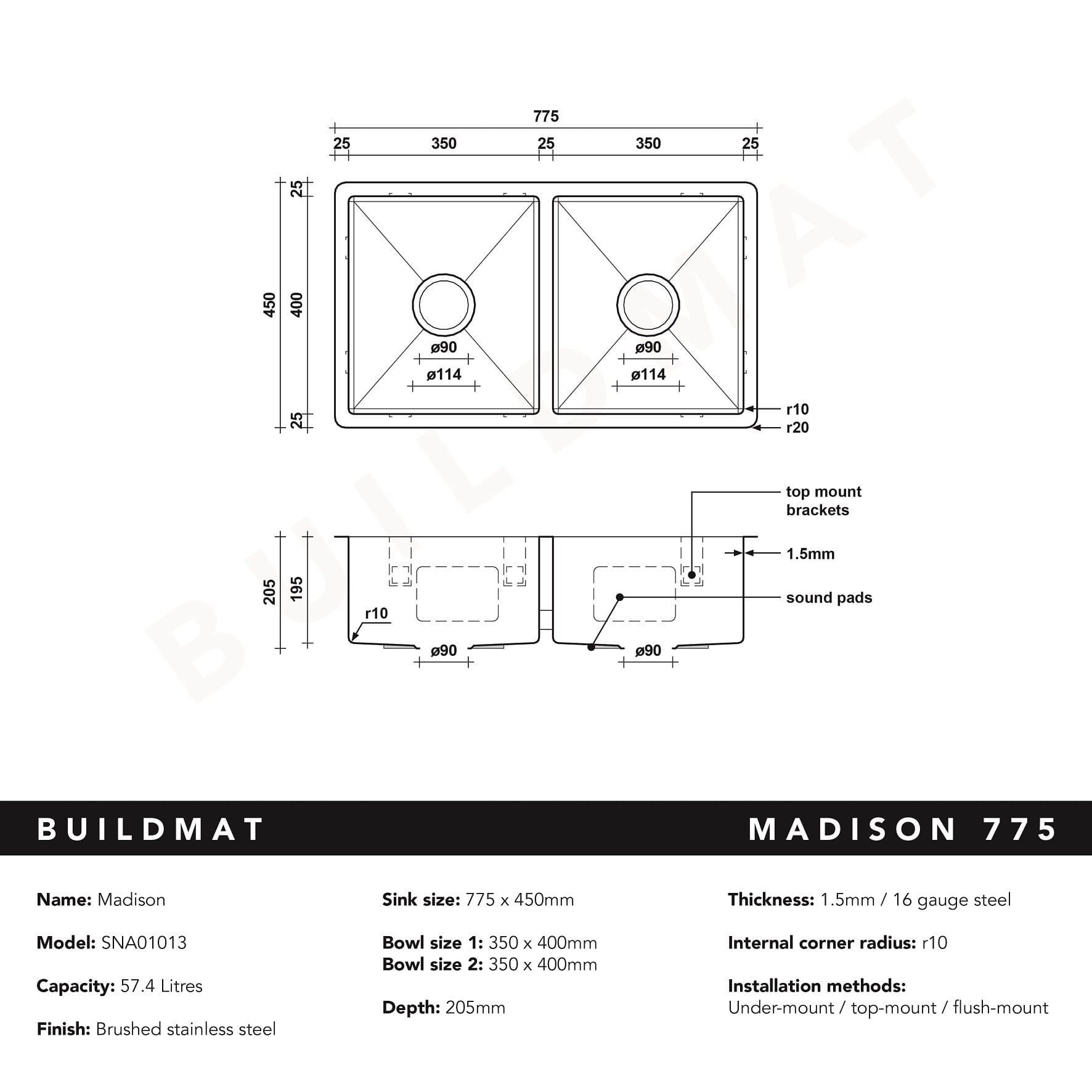 Buildmat Sink Stainless Steel Madison 775x450 Double Bowl Sink